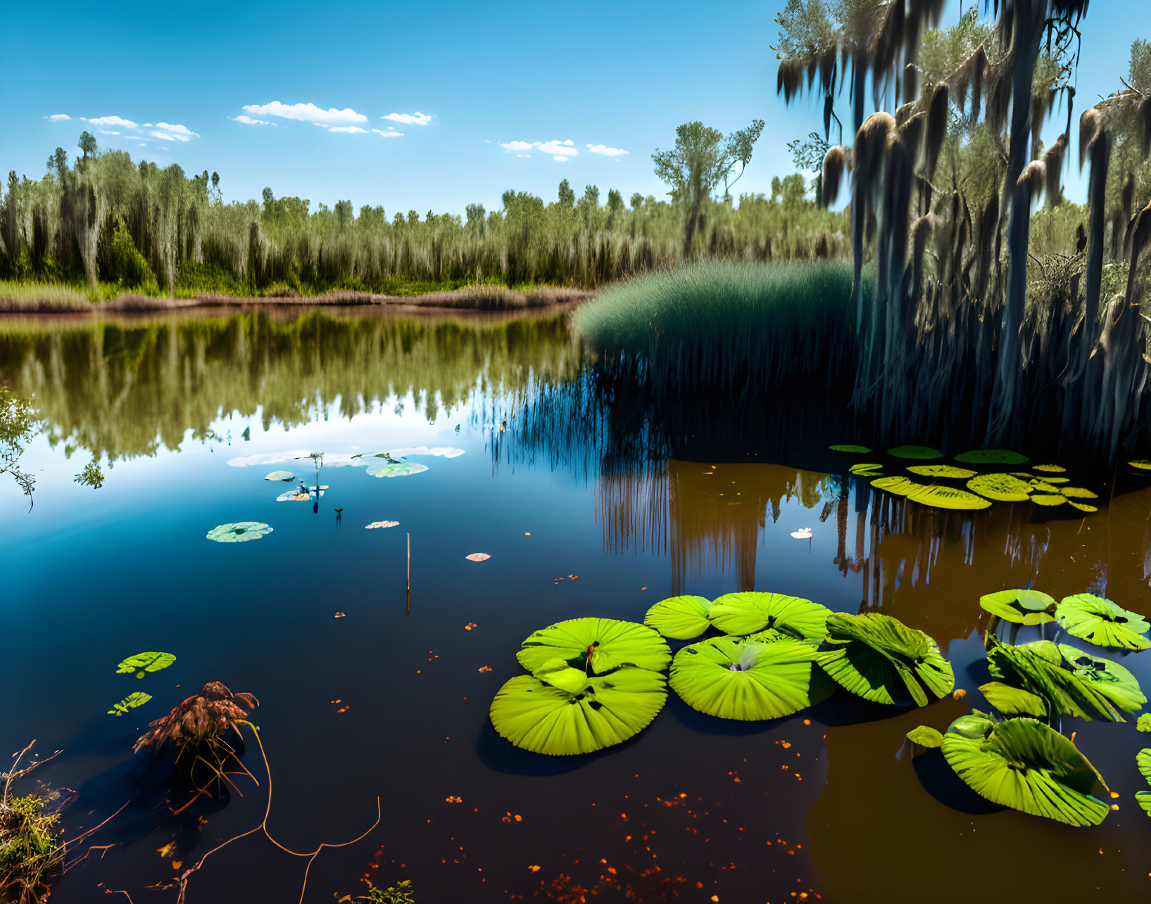 Tranquil lake with lily pads, blue skies, and lush greenery on a clear day