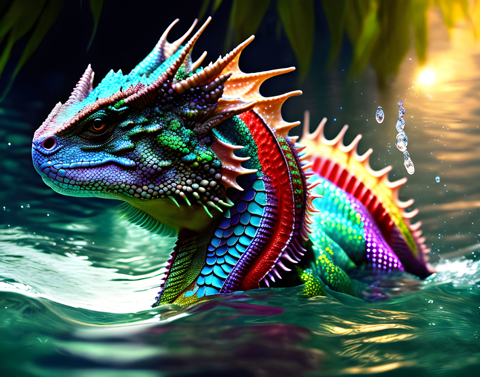 Colorful Digital Art: Iguana-like Creature Submerged in Water