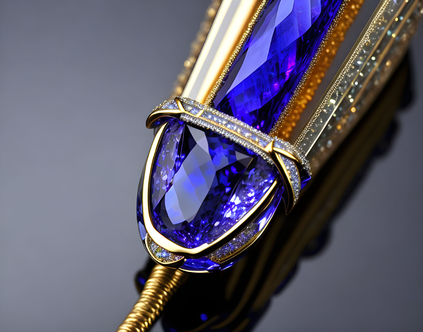 Detailed Close-Up: Blue Gemstone in Gold Setting with Diamonds