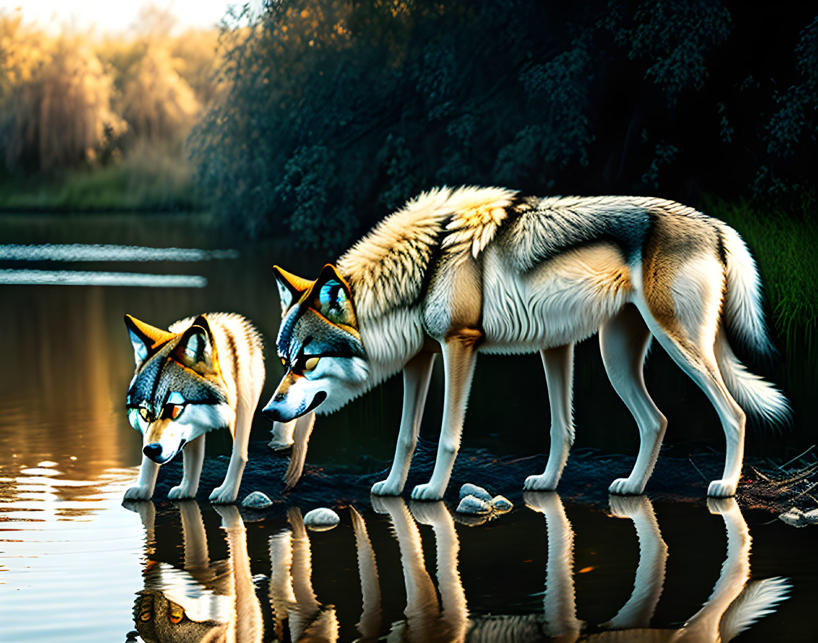 Colorful wolves drinking water by tranquil riverside at golden hour