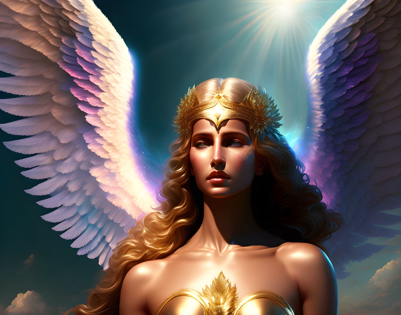 Majestic winged woman in golden armor under radiant sky