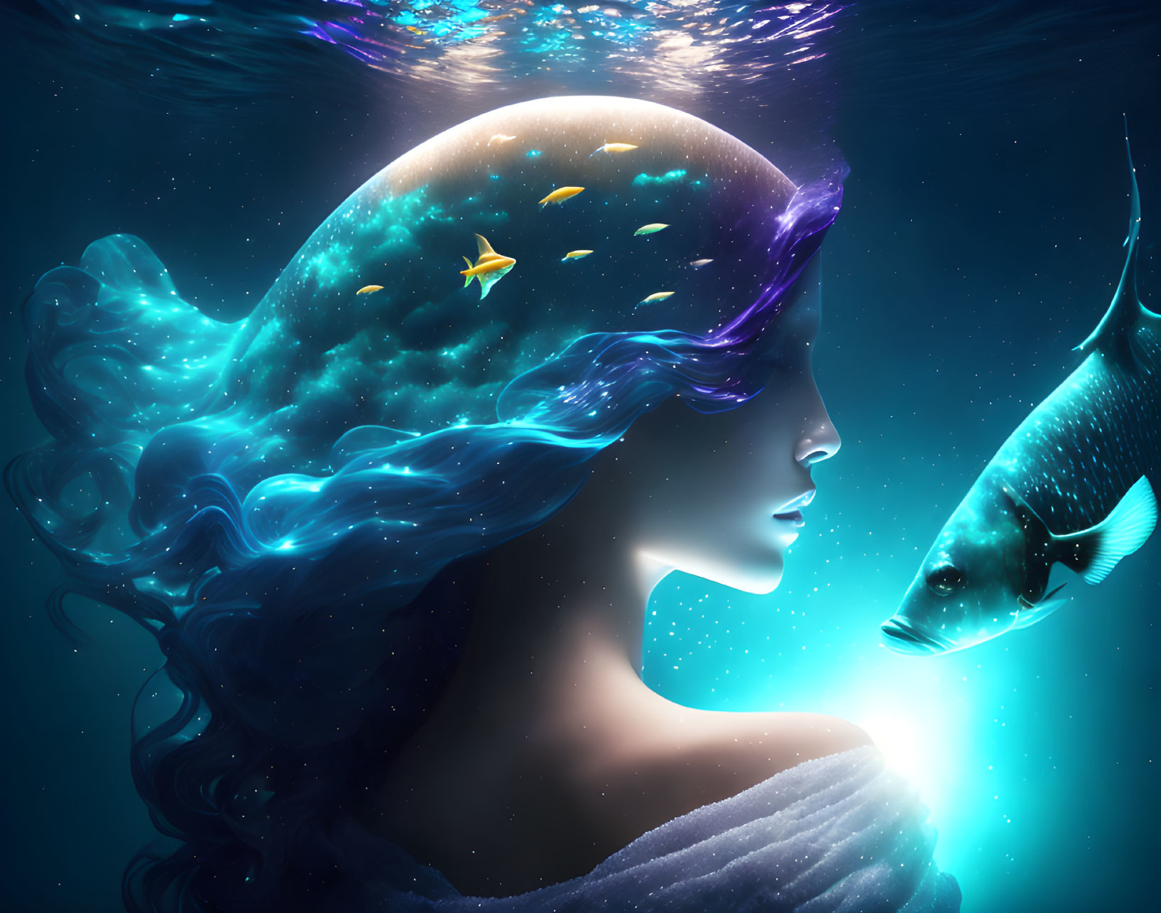 Surreal image: Woman with galaxy hair and fish in dreamlike underwater scene