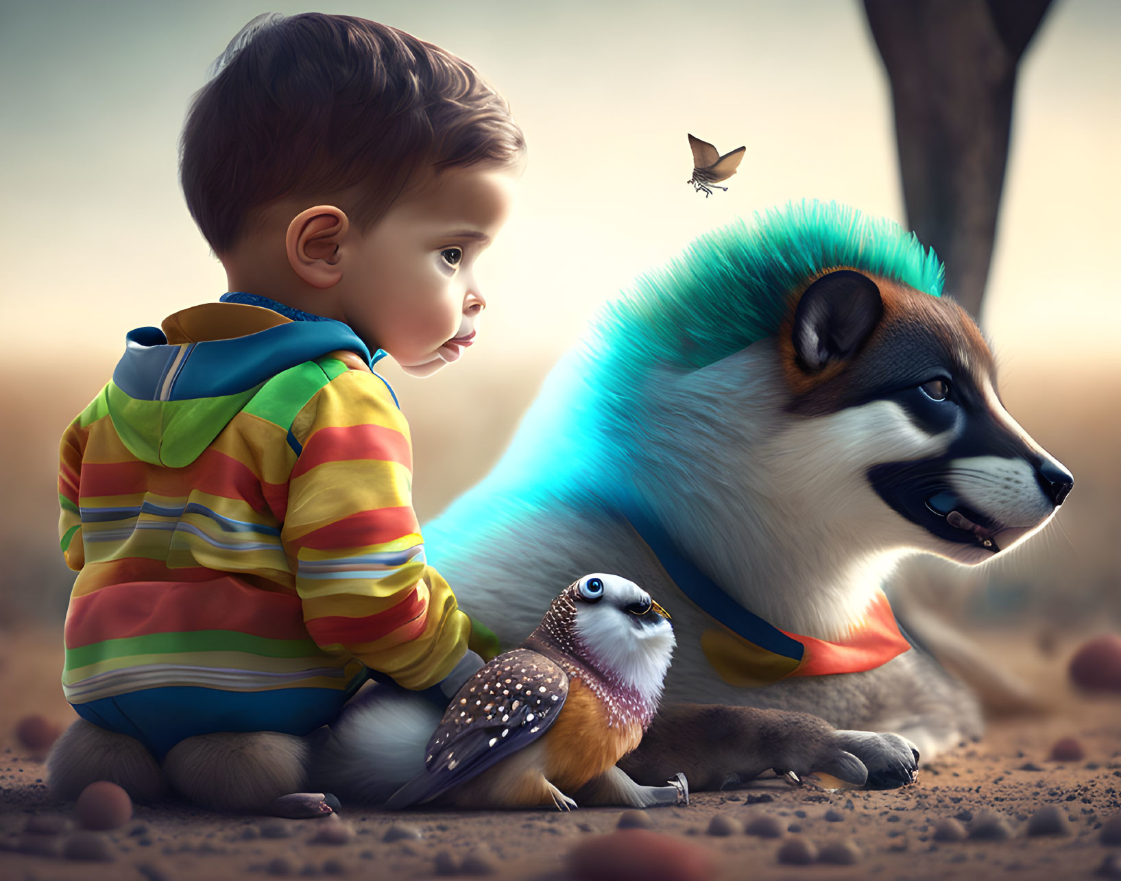 Child and blue-maned dog creature with bird in soft light