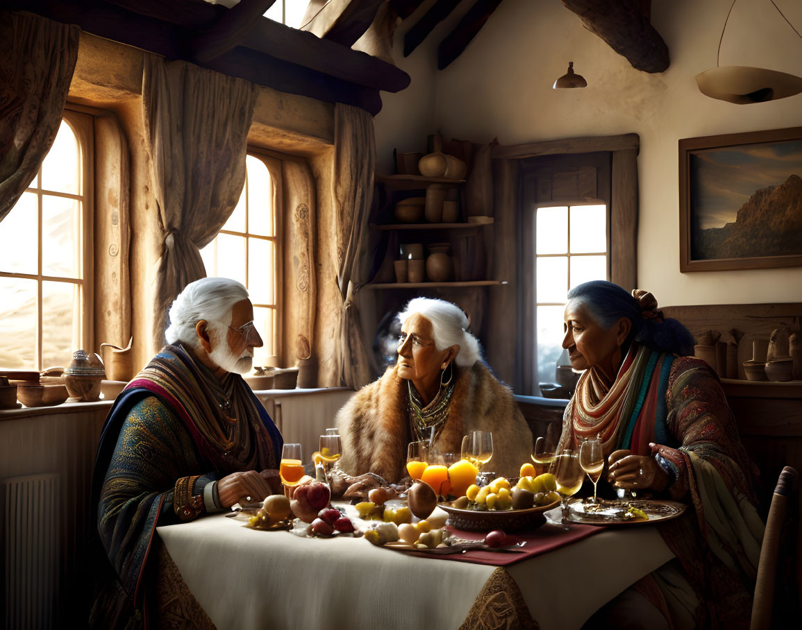 Elderly individuals at rustic table in traditional cottage