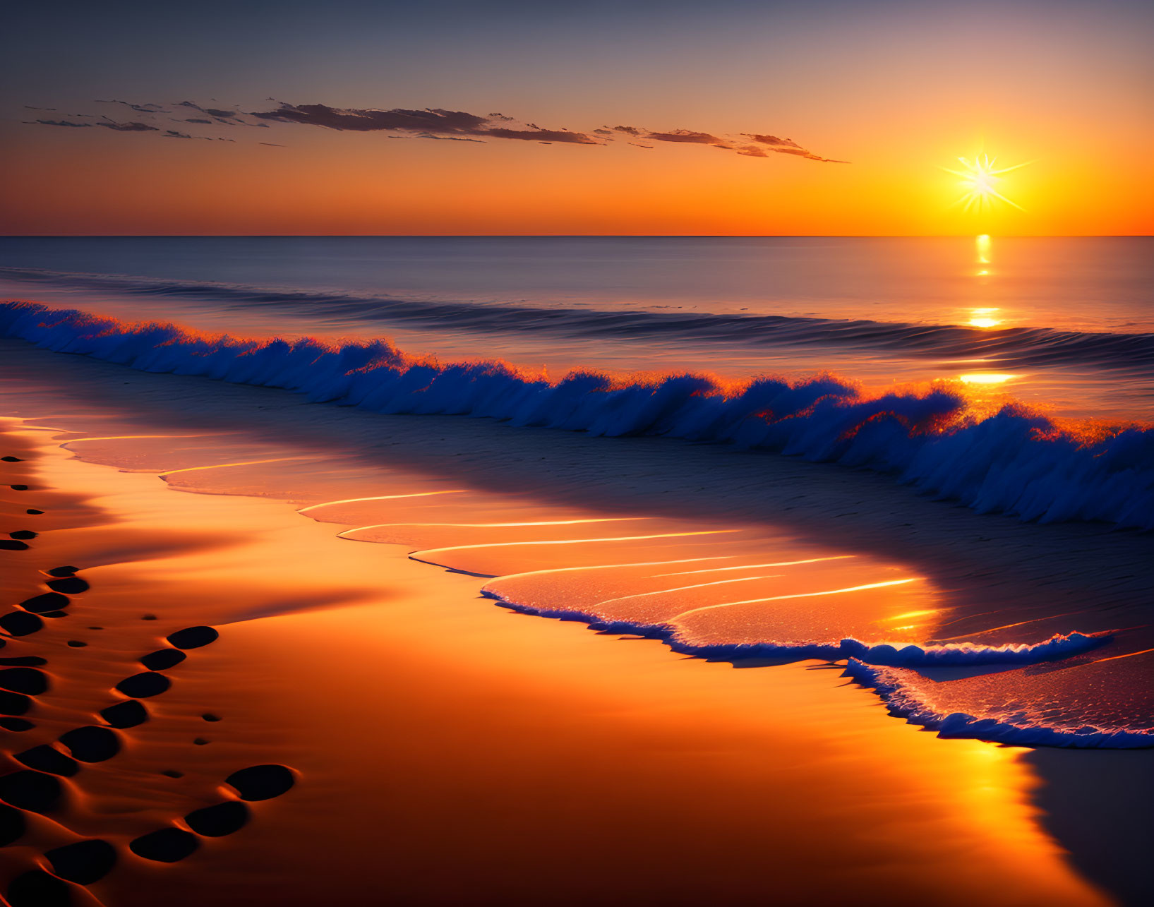 Tranquil Beach Sunset with Footprints and Calm Sea