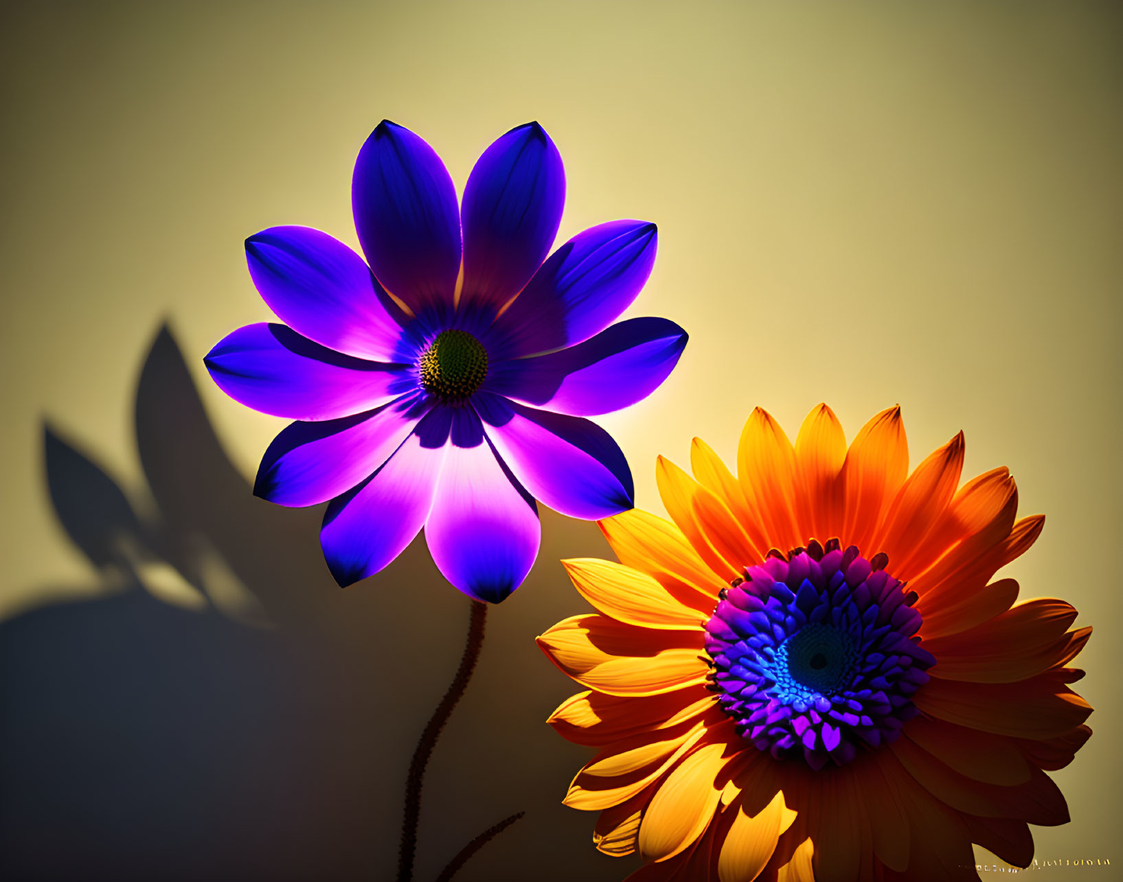 Vibrant Purple and Orange Flowers with Shadows on Warm Background