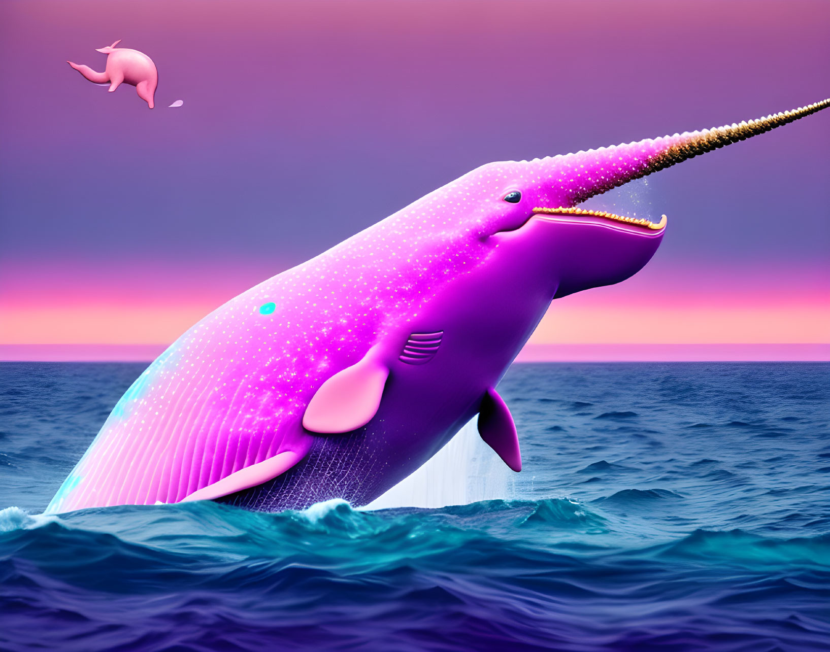 Colorful Digital Art: Pink Narwhal Breaching Ocean with Sunset and Dolphin Silhouette