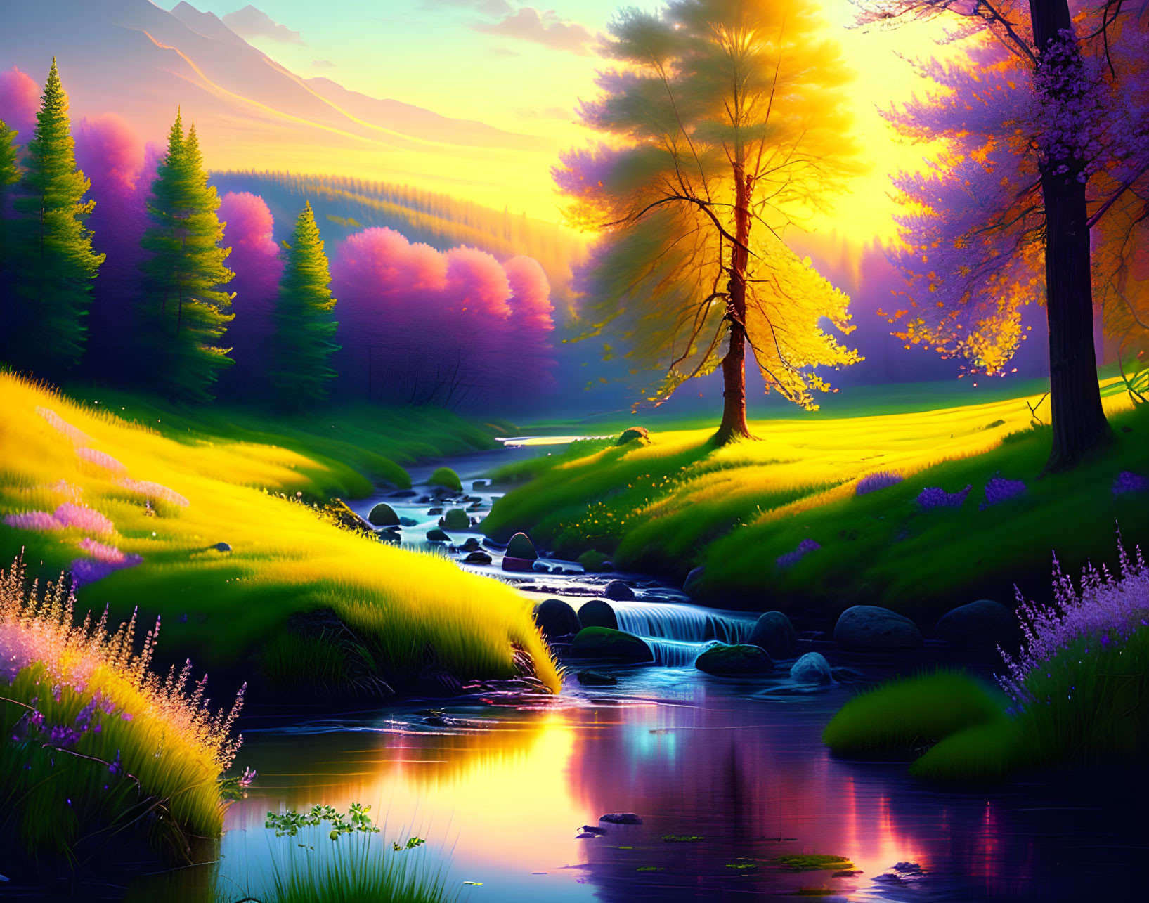 Colorful landscape with stream, trees, sunset, grass, and purple flora