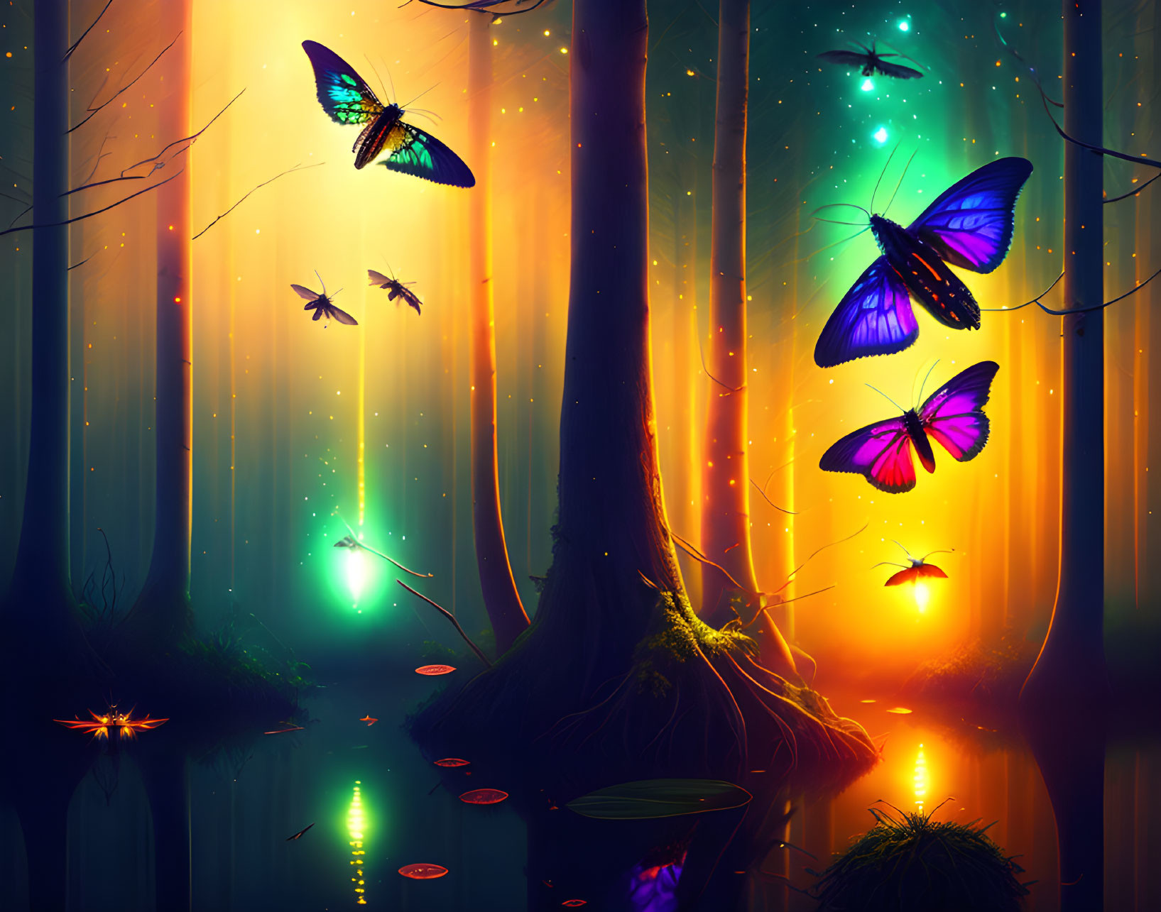 Colorful Butterflies and Glowing Plants in Mystical Forest