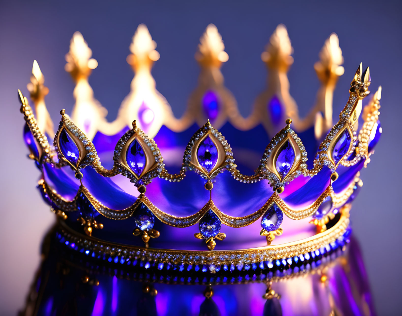 Golden Crown with Blue Gemstones and Regal Arches on Purple Background