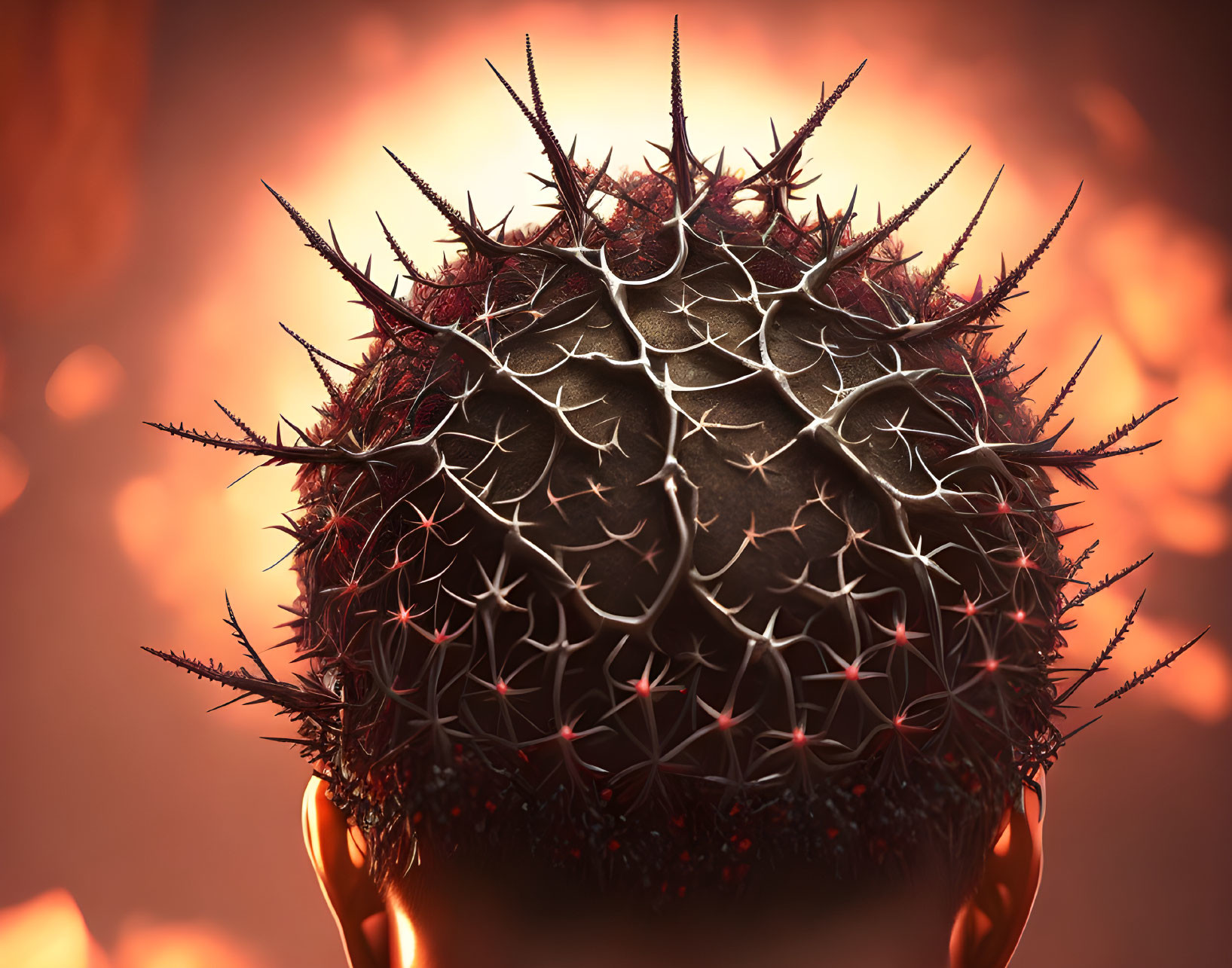 Detailed 3D rendering of spiked spherical object with intricate patterns on warm glowing backdrop