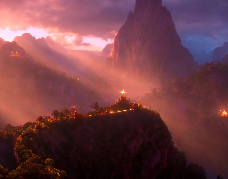 Twilight landscape with light rays on mountain church