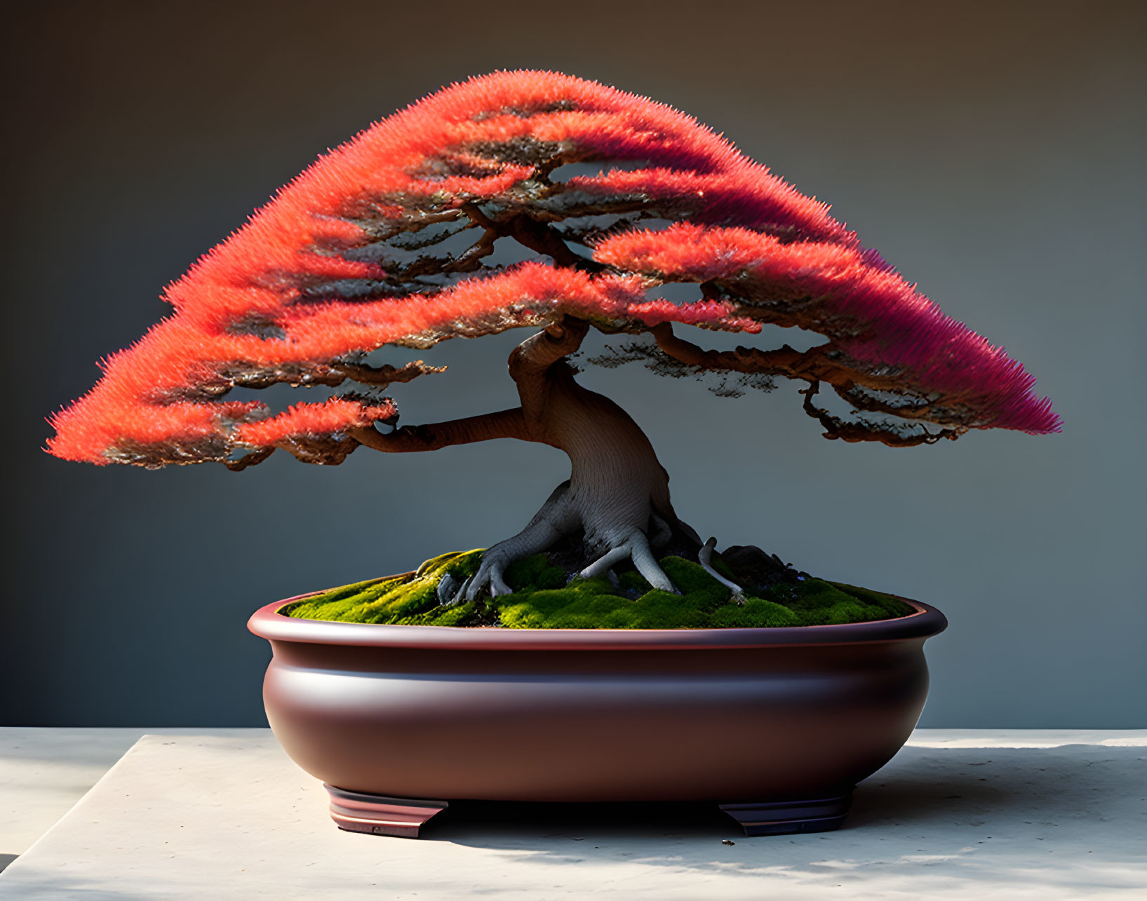 Colorful digital artwork of a bonsai tree with pink foliage in a brown pot