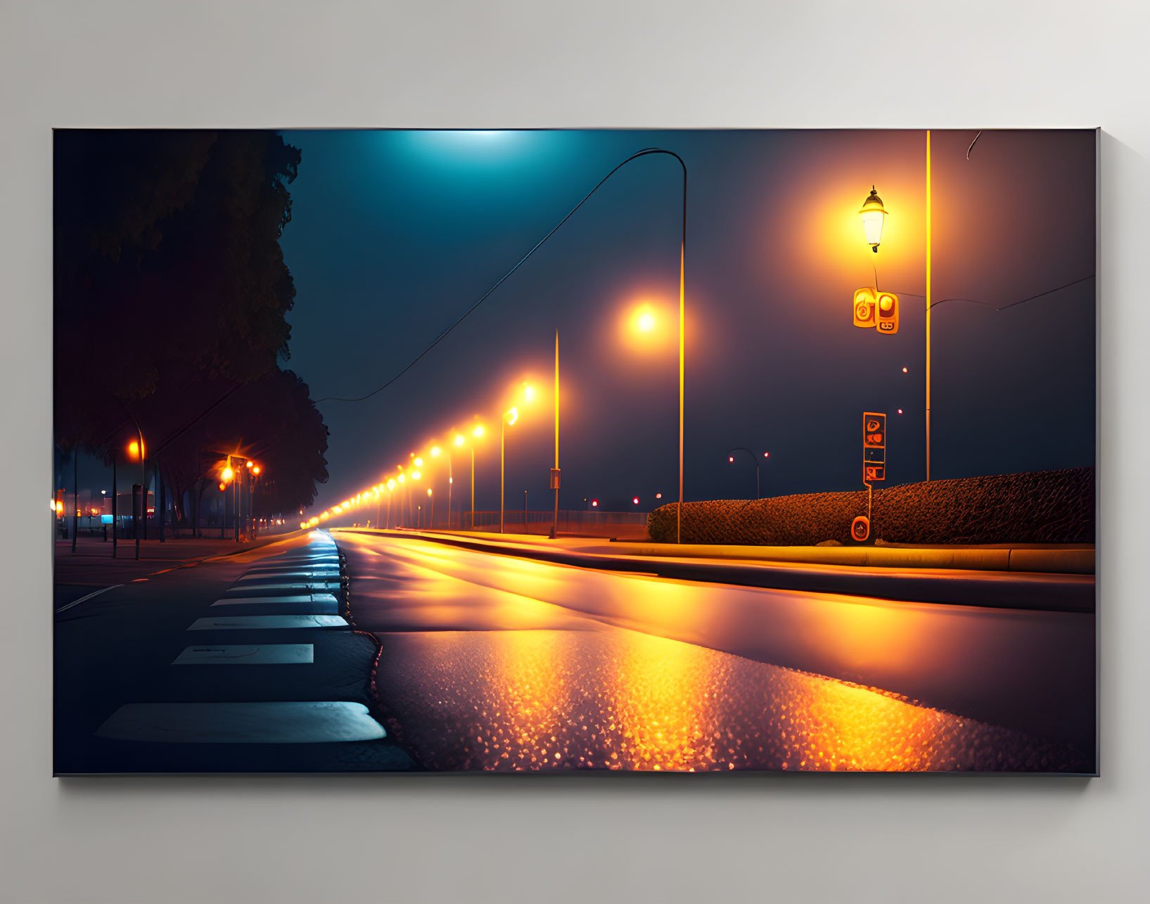 Nighttime street scene with glowing street lamps, wet pavement, trees, and blue sky