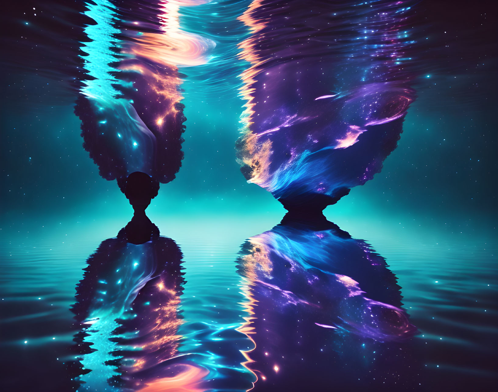 Surreal cosmic silhouettes with vibrant nebulae and reflections