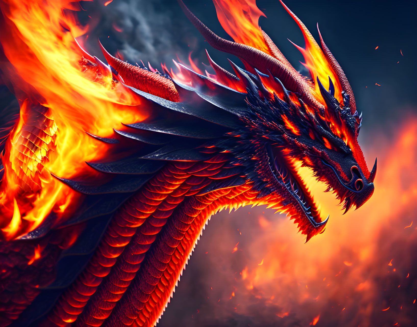 Red Scaly Dragon Breathing Fire with Sharp Horns in Blazing Scene