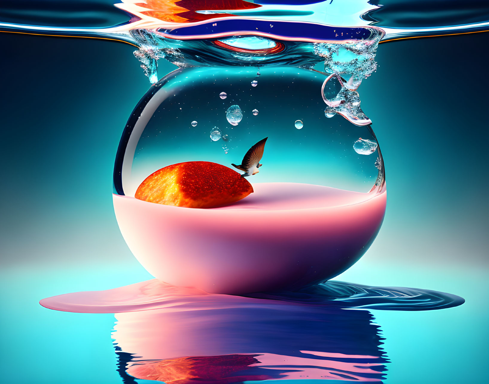 Surreal orange half in transparent sphere with jumping fish underwater