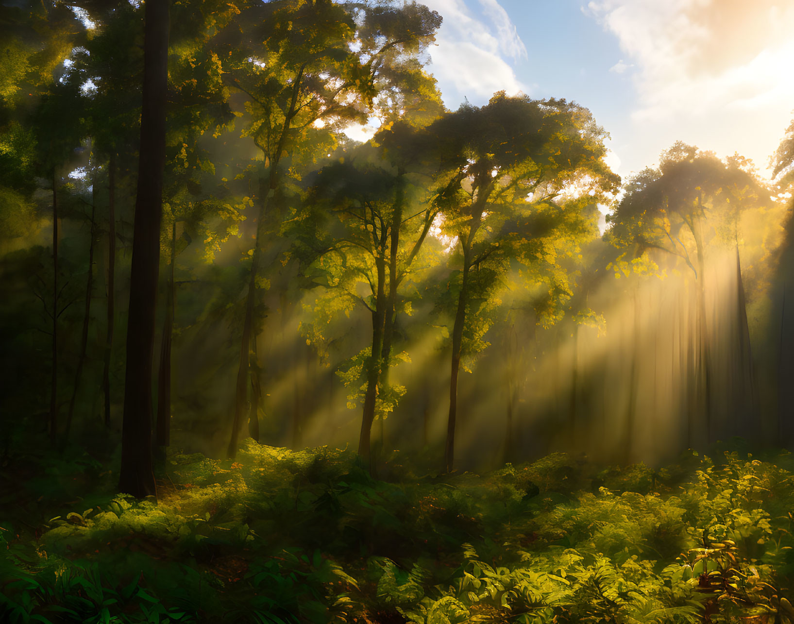 Lush forest with sunlight filtering through vibrant green foliage