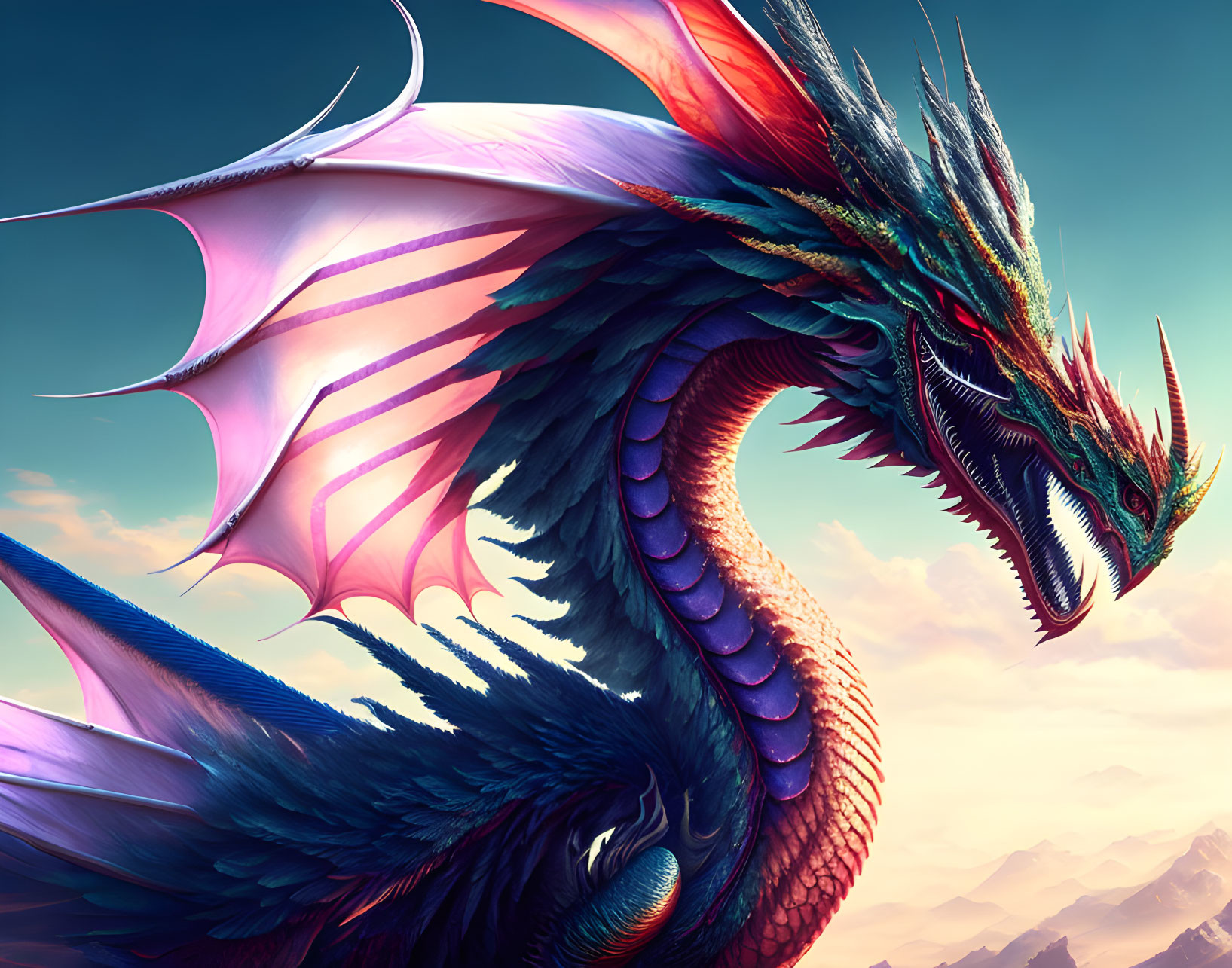 Majestic dragon with iridescent scales and spread wings in vibrant illustration