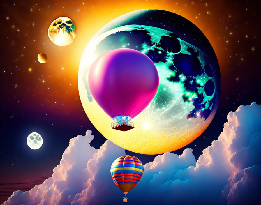 Colorful digital artwork featuring hot air balloons in celestial sky