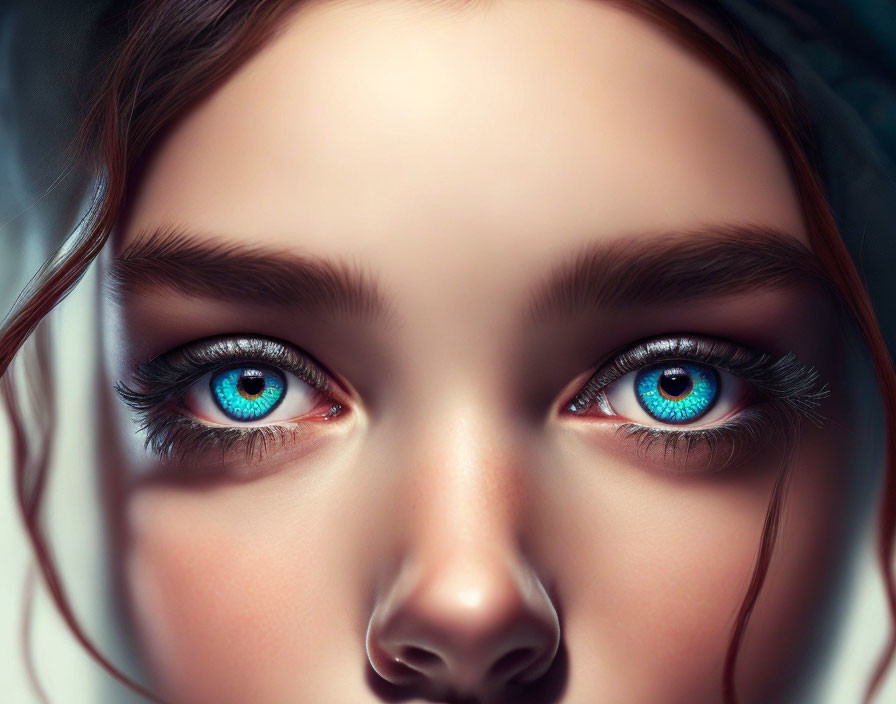 Detailed portrait of person with striking blue eyes and dark eyebrows.