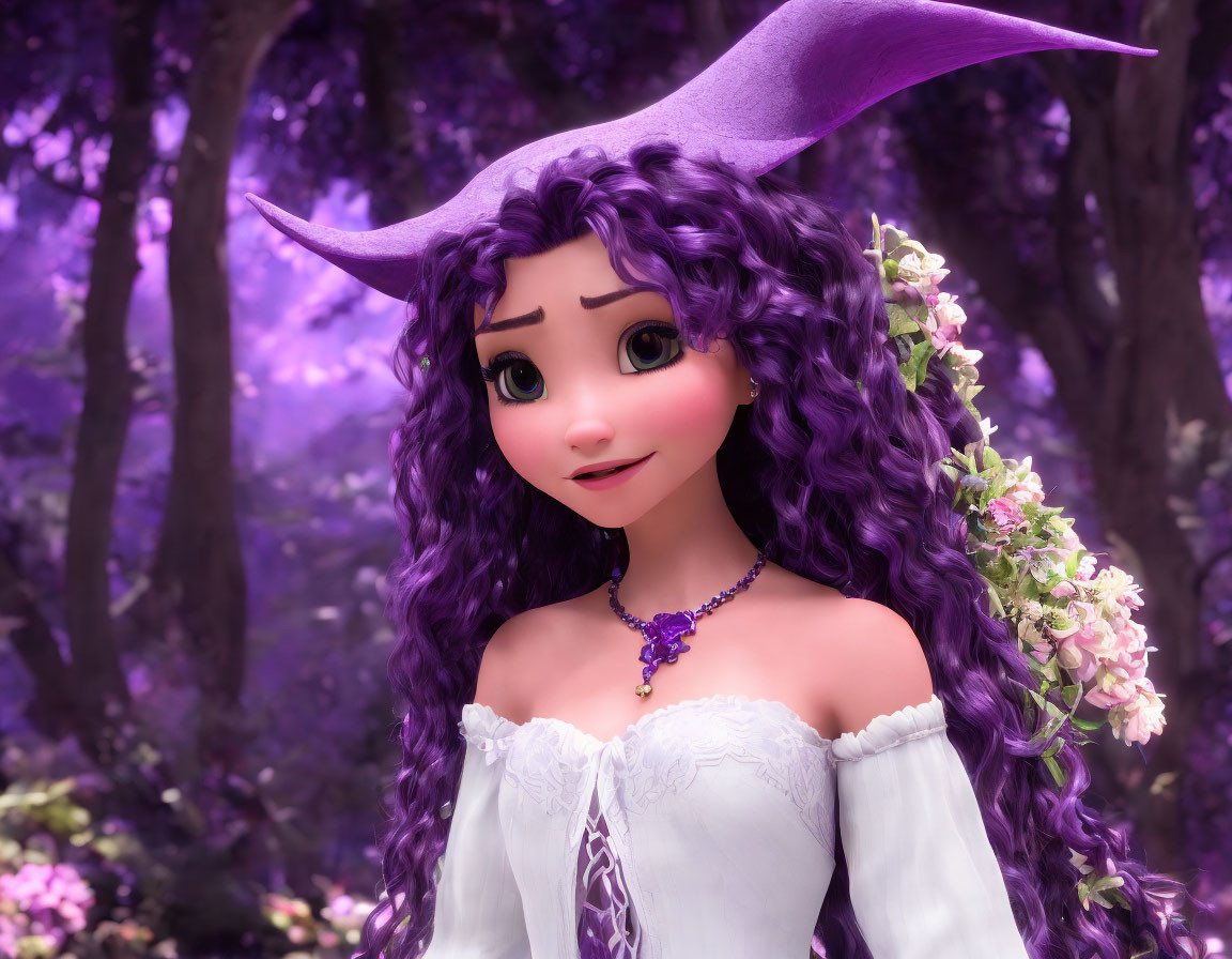 Purple-hat animated female character with curly hair and flowers in white dress in purple forest.