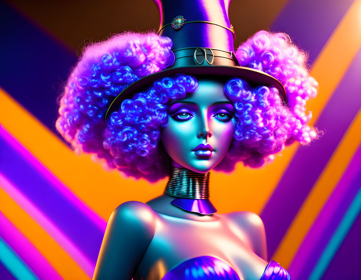 Colorful illustration of stylized character with purple curly hair and top hat on vibrant background