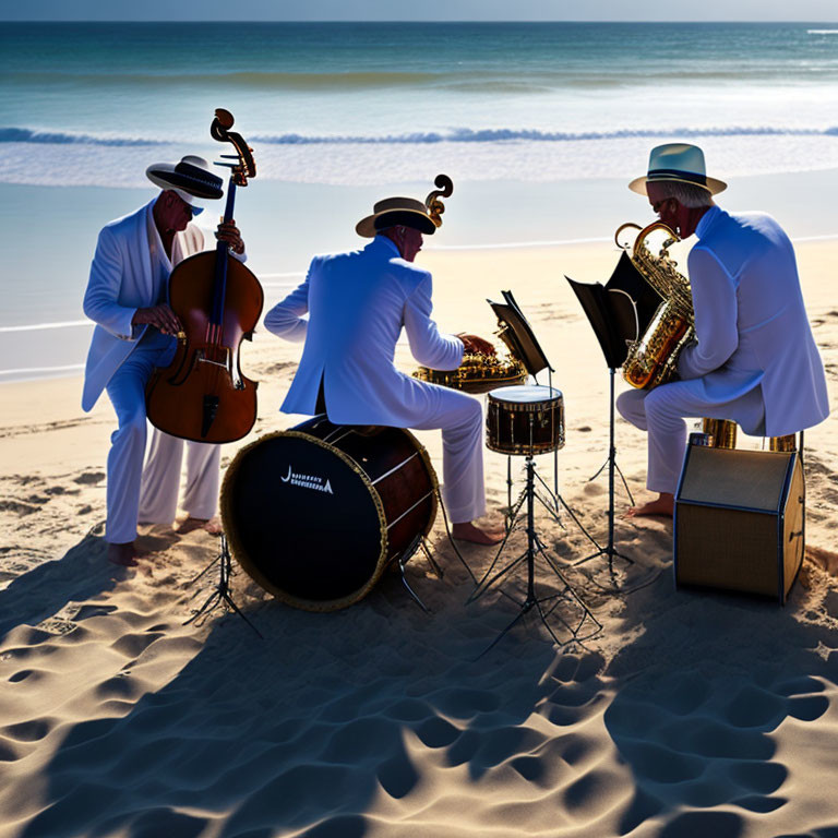 Three musicians in white suits and hats playing instruments on a beach with ocean view