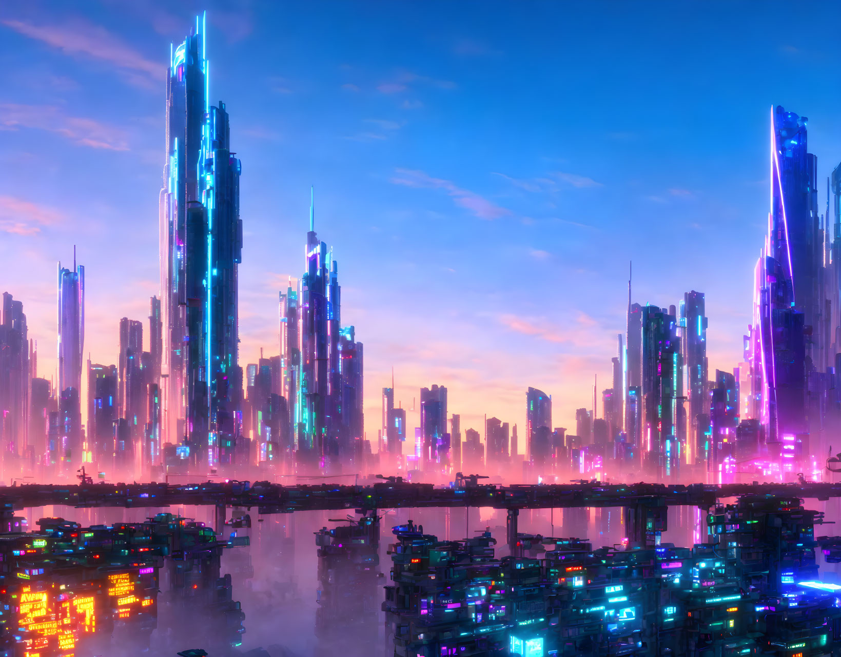 Futuristic cityscape at dusk with neon-lit skyscrapers and pink-blue sky