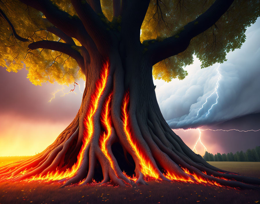 Vivid tree engulfed in flames against stormy sky