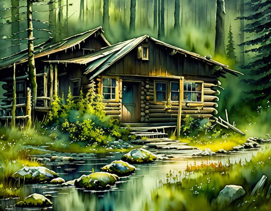 Tranquil log cabin painting by serene pond and lush forest