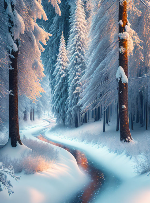 Snow-covered forest with winding path and sunbeams in serene winter landscape