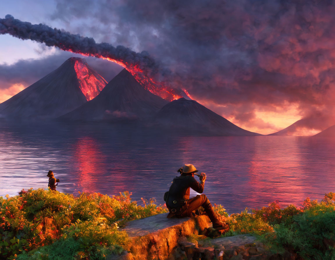 Sunset view of erupting volcano by lake with orange and purple sky