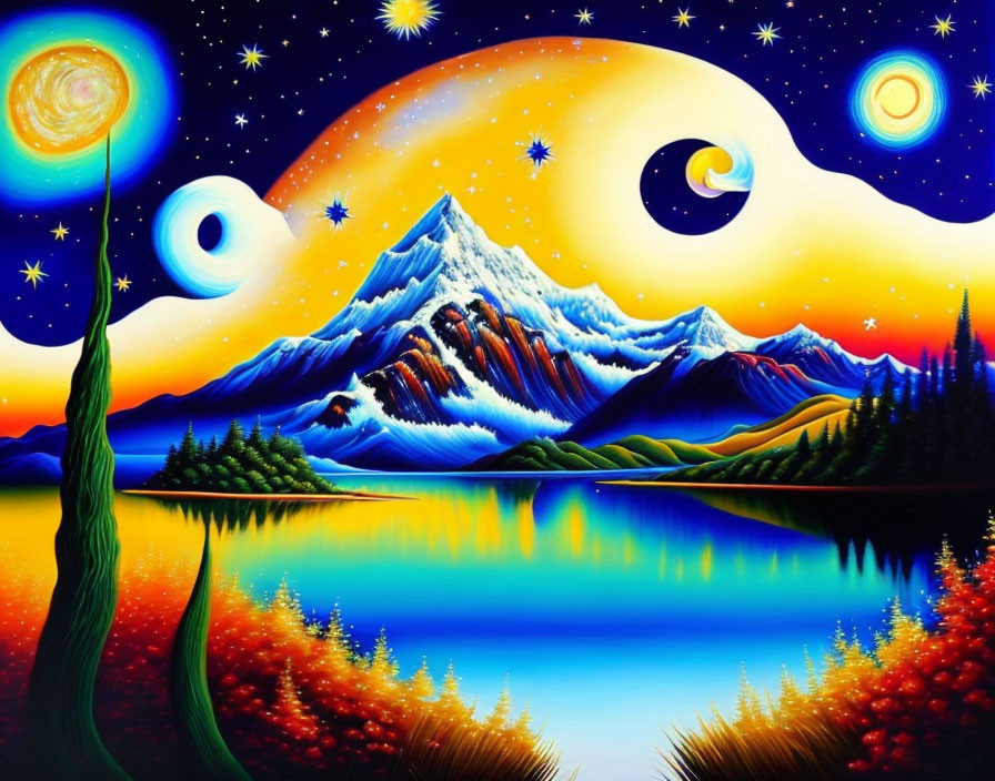 Surreal landscape with luminous night sky, snow-capped mountains, reflective lake, colorful foliage