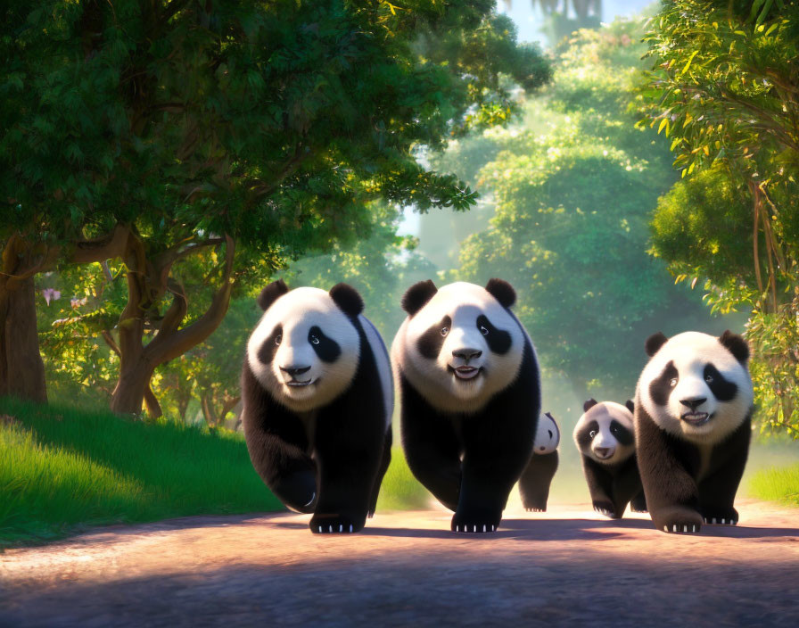 Four pandas walking on sunlit forest path