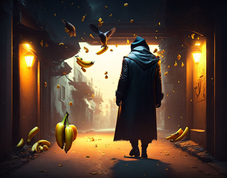 Person in cloak surrounded by floating bananas in alleyway with street lamps and birds.