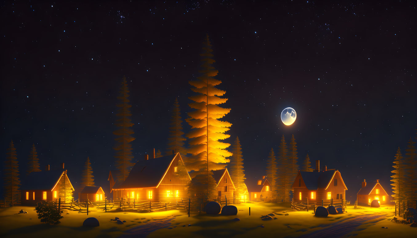 Snow-covered cottages under starry sky with crescent moon