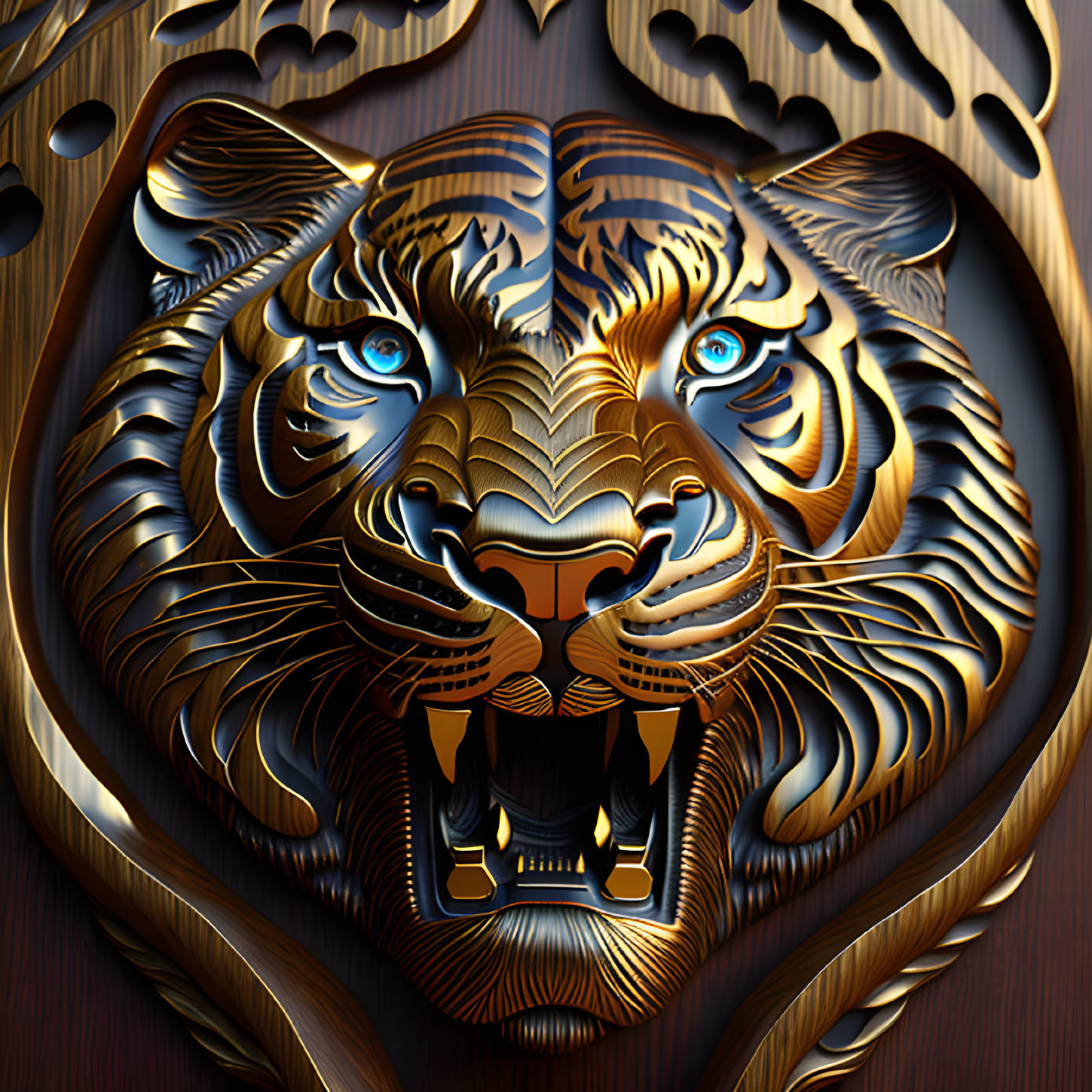 Stylized metallic tiger head with intricate patterns and blue eyes on carved wooden background