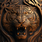 Stylized metallic tiger head with intricate patterns and blue eyes on carved wooden background