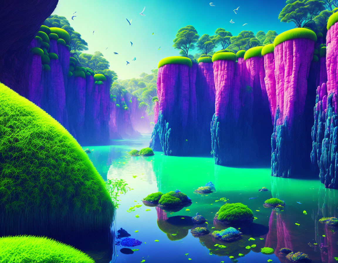 Fantasy landscape: pink cliffs, lush greenery, tranquil river, birds in ethereal atmosphere