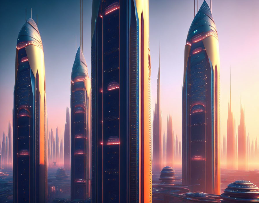 Futuristic illuminated skyscrapers in hazy cityscape