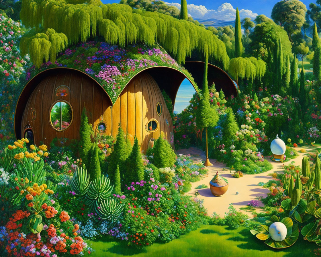 Colorful painting of whimsical round hobbit-like house with green roof and flowers under blue sky