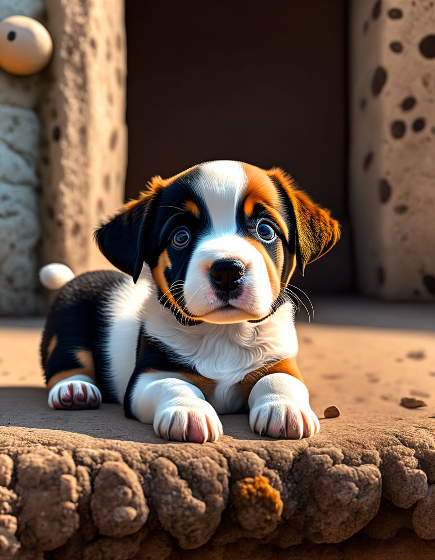 Tricolor puppy with glossy coat and curious expression