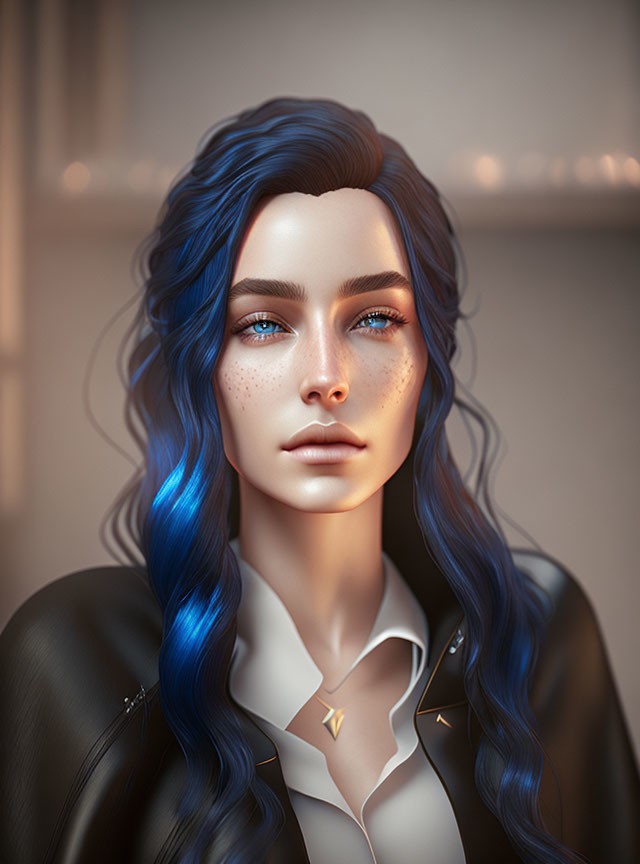 Digital artwork of person with blue hair, fair skin, freckles, blue eyes, black leather