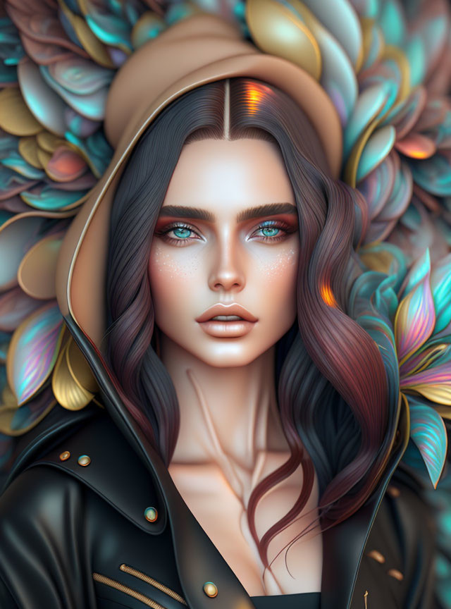 Portrait of Woman with Blue Eyes and Colorful Leaf Patterns