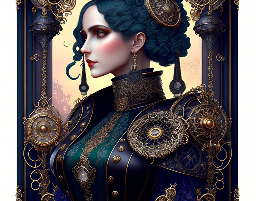 Victorian-style woman illustration with gold adornments in gothic setting