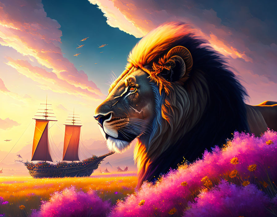 Majestic lion with vibrant mane in field of pink flowers at sunset