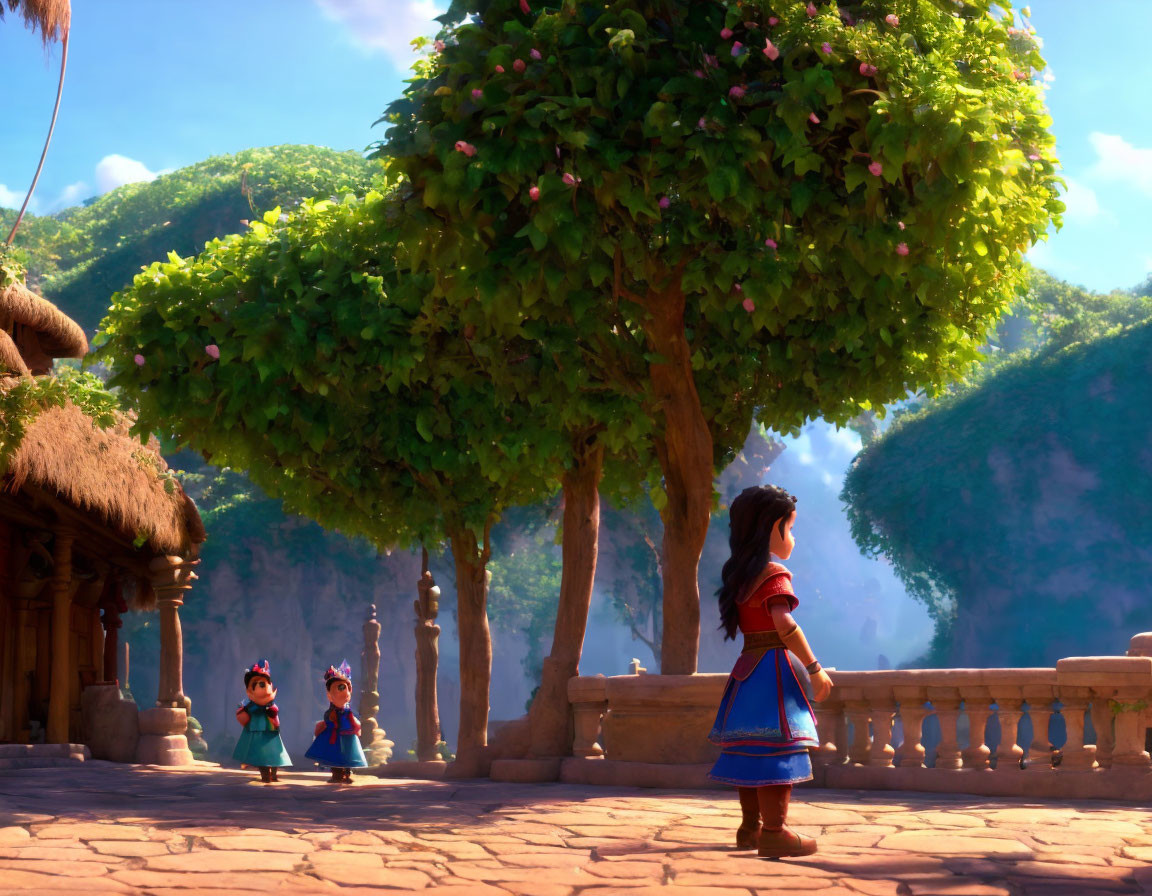 Illustration of woman and children by lush tree near thatched hut