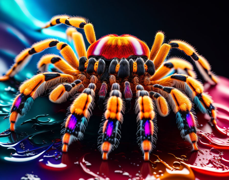 Colorful Digital Artwork: Tarantula with Shiny Carapace on Reflective Surface