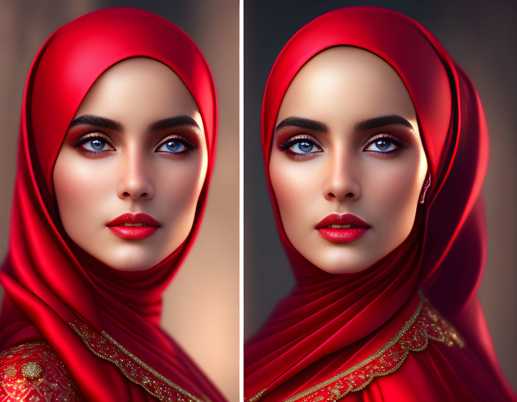 Side-by-side portraits of a woman in red hijab with striking makeup and clear skin, highlighting lighting